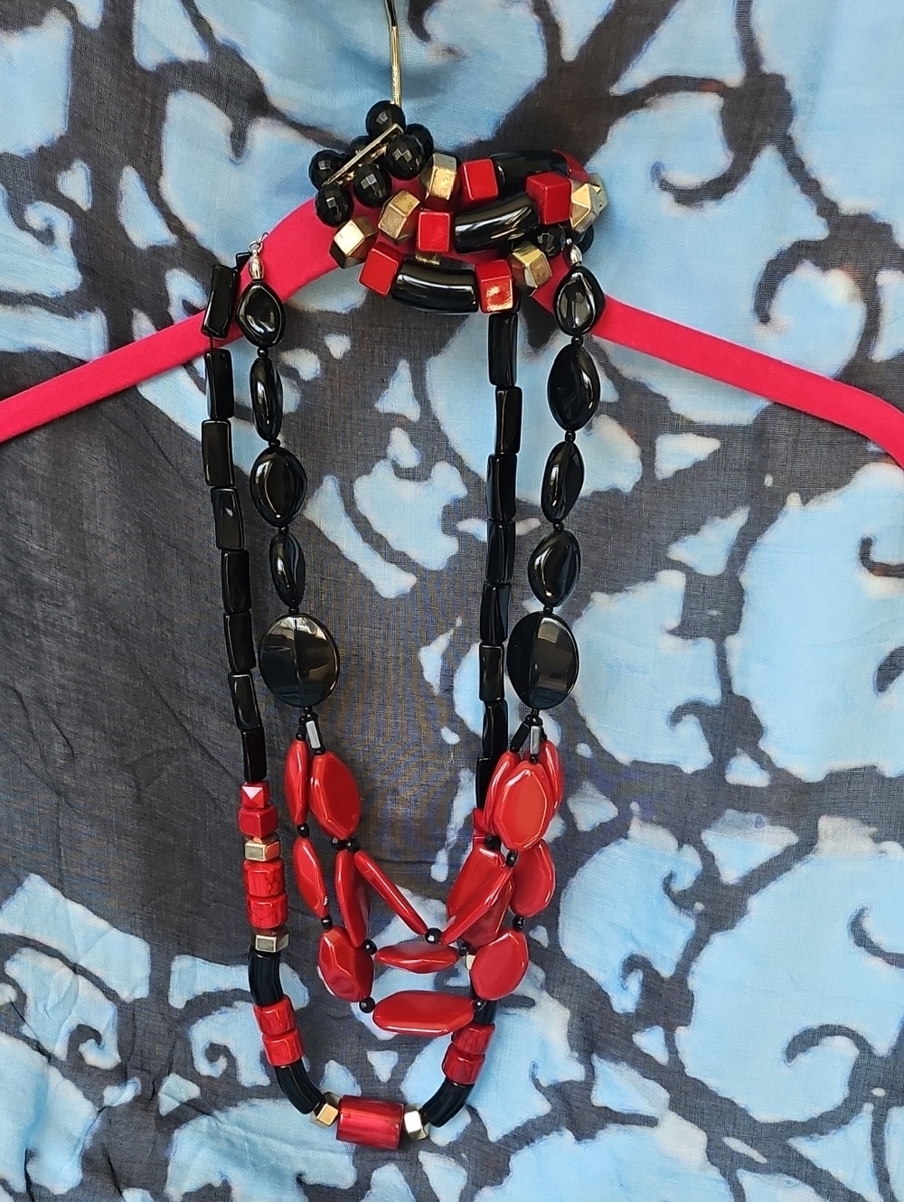 Chico's Red and Black Multi-Strand Beaded Necklace